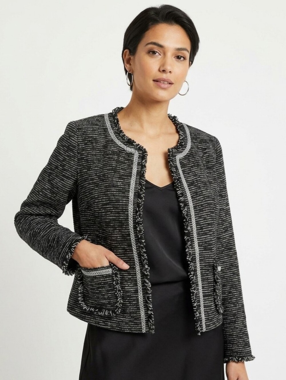 Frenchi women’s tweed frayed-edge open-front blazer jacket - Medium